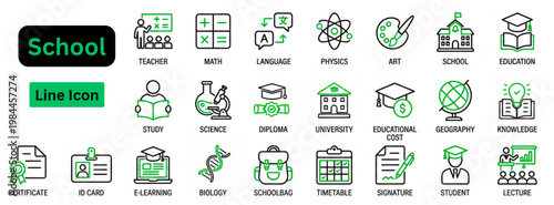 Line art vector of School icon set. School line icon set. Education icon set for school, online learning, teacher, student, university, graduation, book, and creative study vector elements.