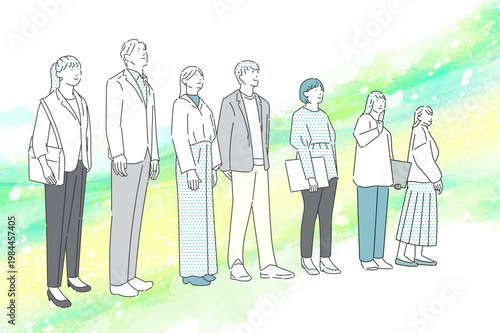 スタートアップのイメージイラストービジネスパーソンー明るい未来を夢見る男女グループーチームワークー抽象的な背景イラスト素材