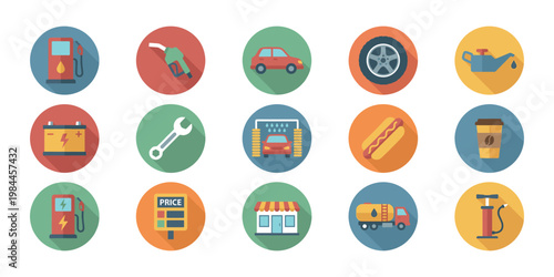 Gas station and car service flat icons set with long shadow. Vector Illustration.	
