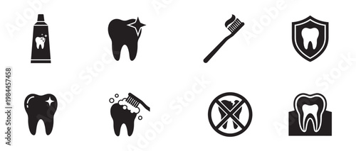 Dental care and oral hygiene black silhouette icons set. Vector Illustration.	
