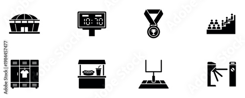 Sports stadium and arena infrastructure black silhouette icons set. Vector Illustration.	

