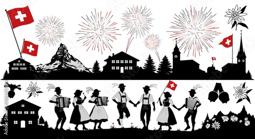 Swiss people dancing traditional costumes.