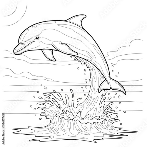 A playful, agile bottlenose dolphin gracefully jumps high out of the sparkling ocean water, creating a dynamic splash, ideal for a vibrant coloring page activity.