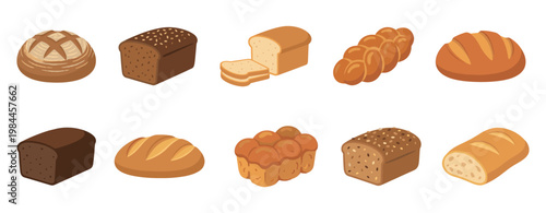 Various Types of Bread and Bakery Products Set. Vector Illustration.	
