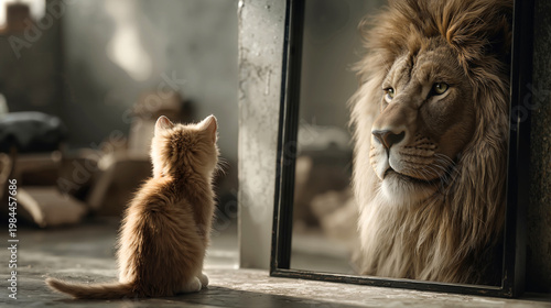 Cute kitten with thoughtful mood seeing powerful lion in mirror representing self perception and identity psychology in soft interior background