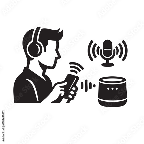 A man interacting with a voice assistant smart speaker at home.