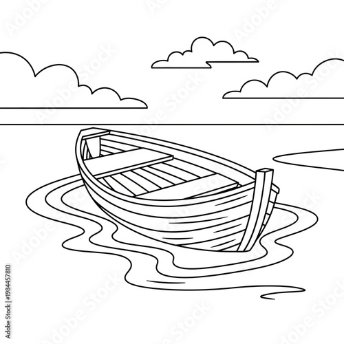 A charming, clean line art illustration showcases a small, empty wooden rowboat gently floating on tranquil water, presented as an engaging, printable coloring page for children's creative fun.