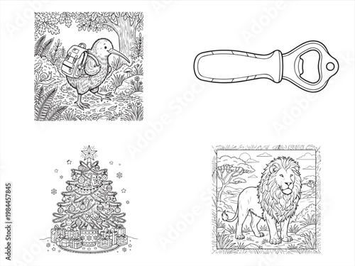 Black and white, illustration set, 4 vintage style icons, line art, monochrome