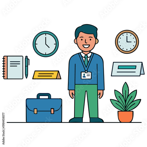 A man in business attire stands surrounded by office supplies and clocks.