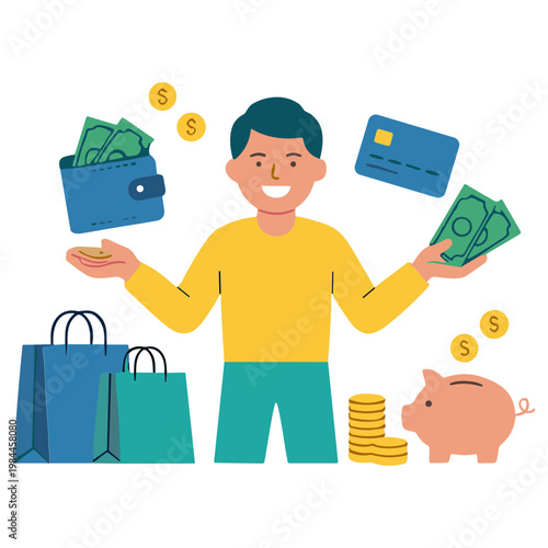 A man happily holds cash and cards while surrounded by shopping bags and coins.