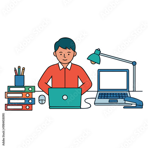 Man working on laptop at office desk with lamp and books