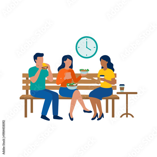 People eating on a park bench at lunchtime outdoors