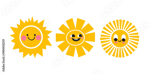 Set of trendy vector yellow sun characters with funny faces. Bright summer elements for stickers, labels, badges, summer collections and kids design