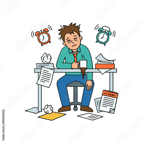 Man sitting at desk surrounded by papers and clocks feeling stressed