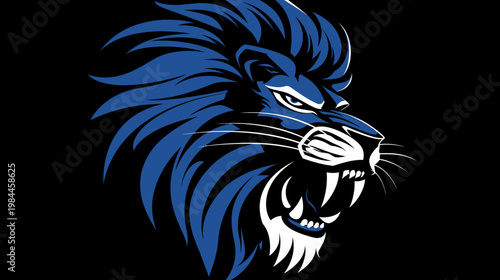Roaring lion head illustration with blue mane isolated on black background