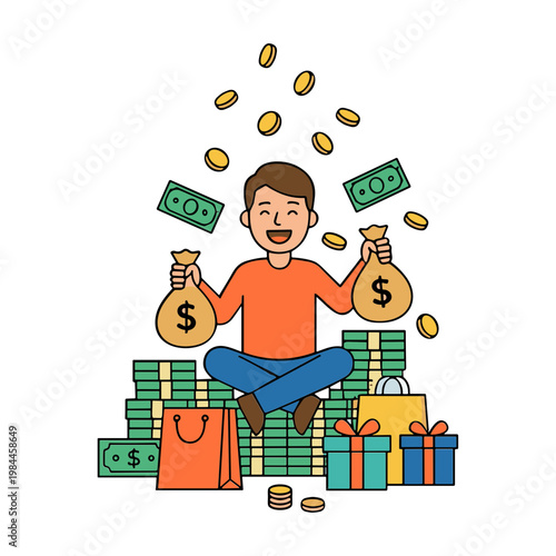 Man sitting on money stacks with gifts and bags, feeling happy with cash and coins floating around.