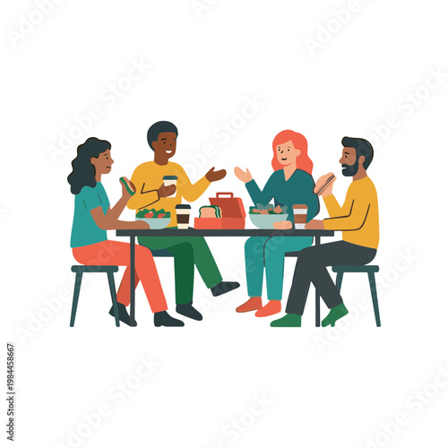Four friends eating lunch together at a table outside