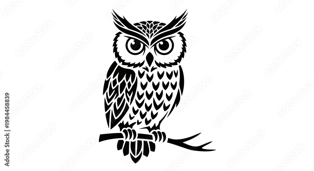 Obraz premium Black and white owl illustration perched on a branch isolated design
