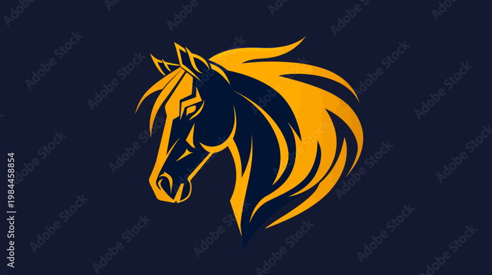 Fototapeta premium Stylized horse head illustration gold and blue graphic against dark backdrop