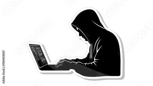 Silhouette of a person with a hood using a laptop computer on a white background