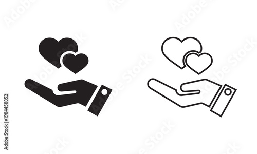 Hands Holding Heart Icons . Icon set of hands holding hearts, representing care, charity, support, protection, and compassion concepts for web and apps.