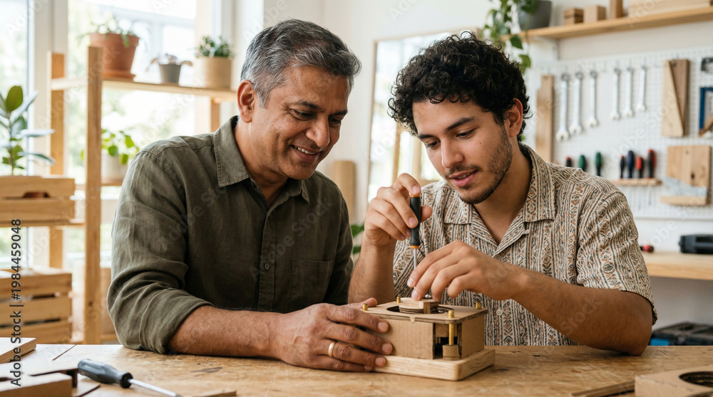Fototapeta premium Father and son, connected through the shared passion, working on wood project in workshop. Capturing moment of learning.