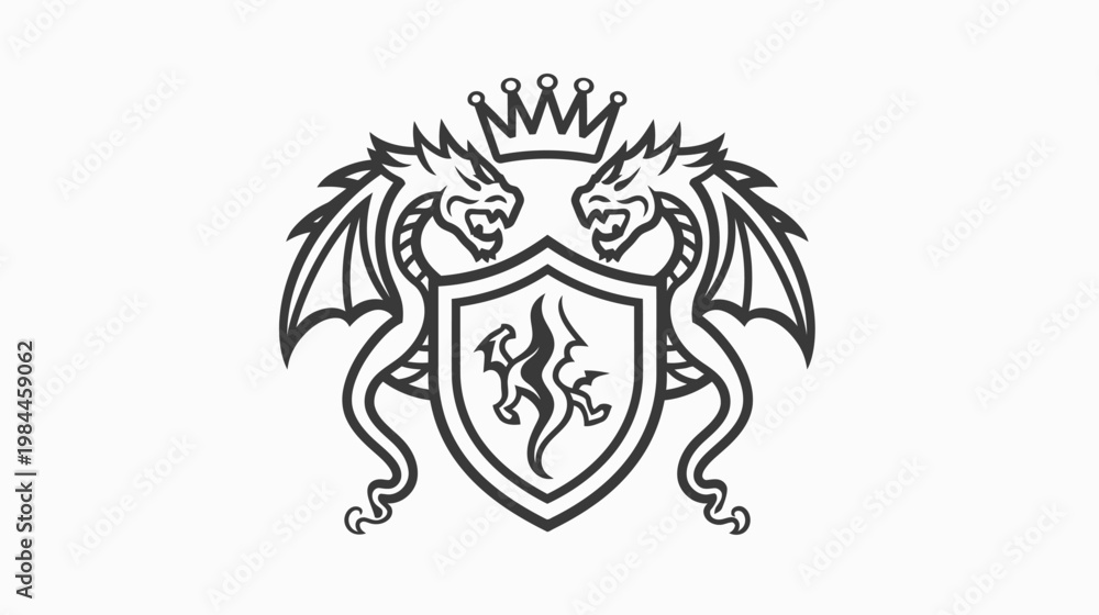 Fototapeta premium Heraldic dragons crest with crown and shield decorative design element
