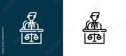 Black and white lawyer line icon pair, editable stroke vector illustration for web, mobile apps, UI design, branding, and print from Law and Justice