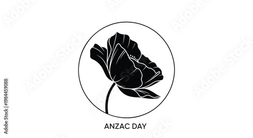 ANZAC Day, Australian poppy flower icon, black vector graphic, memorial symbol