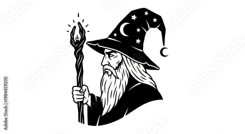 Wise wizard holding staff depicted in black and white silhouette
