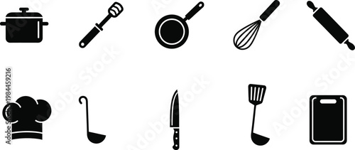 Set of diverse kitchen utensils silhouette icons for cooking and food preparation concepts