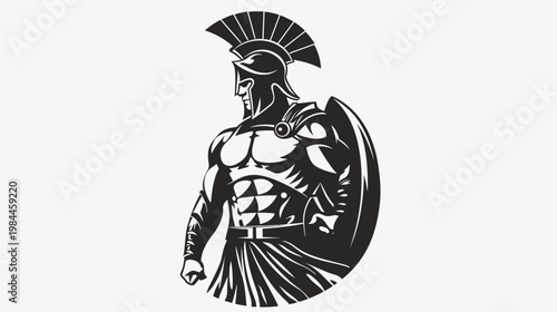 Black and white illustration of a spartan warrior with shield and helmet