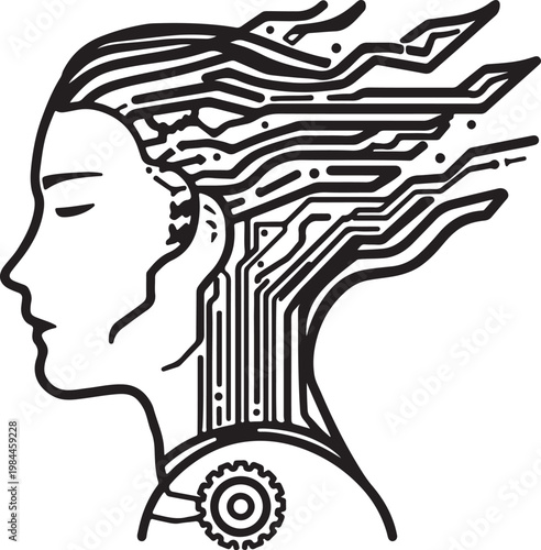 Cybernetic human profile with neural circuits and mechanical components