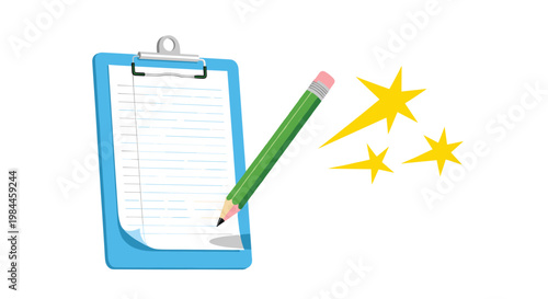 Blue clipboard with a lined notepad being written on by a green pencil with sparkling yellow stars symbolizing ideas or success.
