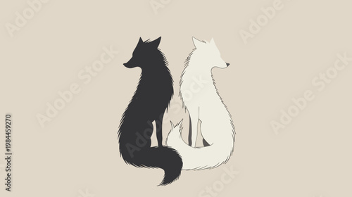 Stylized illustration of two foxes in yin yang composition on neutral background