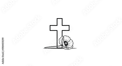Minimalist Christian cross with poppy flower line art, memorial religious symbol vector, remembrance day funeral illustration on white background
