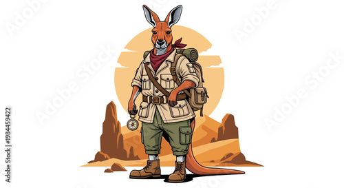 Full length cartoon vector illustration of an anthropomorphic red kangaroo explorer and adventurer standing in a desert landscape with a backpack and a compass.