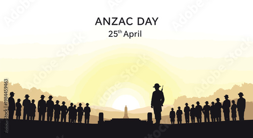 ANZAC Day 25th April commemorative vector, silhouette of soldiers at dawn service, remembrance day memorial background with rising sun