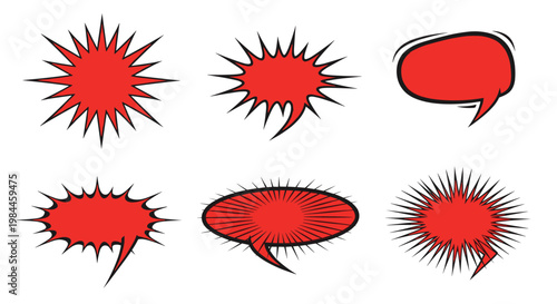 Collection of red comic style speech and thought bubbles in different jagged and rounded shapes for dynamic dialogue design.