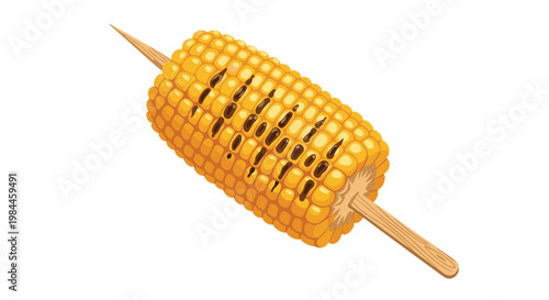 Delicious grilled corn on the cob served on a wooden skewer with charred kernels isolated on a plain white background.
