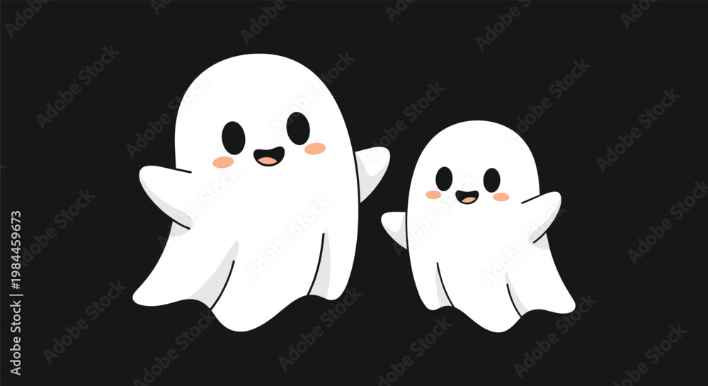 Obraz premium Two adorable white cartoon ghosts with rosy cheeks and happy expressions floating against a solid dark black background.