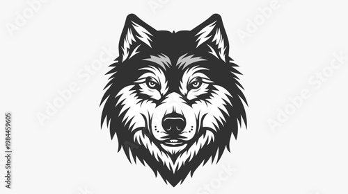 Bold black and white illustration of a wolf head with intense gaze vector design