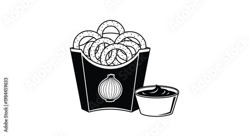 Black and white line art of crispy onion rings in a carton decorated with an onion icon next to a small bowl of dipping sauce.