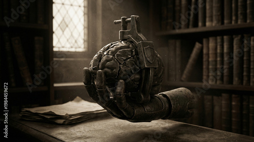 A surreal composition captures a metallic hand cradling a mechanical brain, the scene is illuminated by soft light in a dimly lit library.