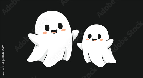 Two adorable white cartoon ghosts with rosy cheeks and happy expressions floating against a solid dark black background.