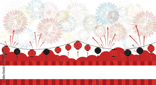 Festive scene featuring vibrant fireworks exploding over a landscape of red hills with hanging black and red lanterns and banners.