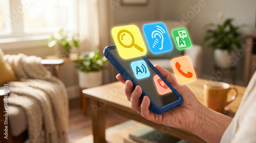 Modern user interacts with a mobile phone, surrounded by domestic setting and interactive graphic icons, representing easy access to diverse information.