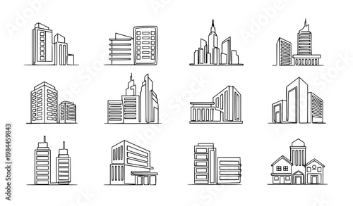 Single line modern city buildings and apartment complex real estate icon set minimal urban architecture vector illustration