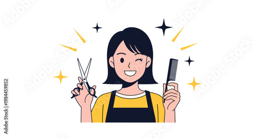 Cheerful female hairdresser winking and smiling while holding professional scissors and a comb surrounded by sparkling stars.