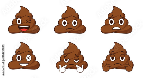 Funny collection of brown poop emojis featuring various facial expressions like winking, sad, scared, and cool with white gloves.